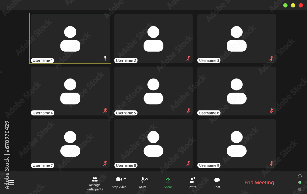 Aufkleber video conference user interface, video meeting call window overlay. modern ui template for 9 users