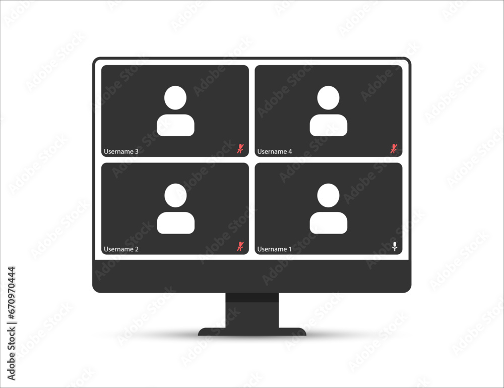 Aufkleber video conference user interface, video meeting call window overlay. modern ui template for 4 users. 