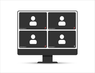 Video conference user interface, video meeting call window overlay. Modern UI template for 4 users. Vector illustration isolated on white background