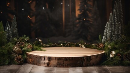 Merry Christmas banner with stage product display and festive decoration for Christmas Forest wood background