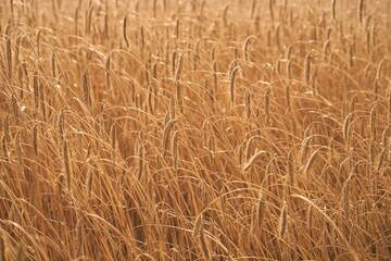 Golden Sunset Over a Bountiful Wheat Field. Rural Farming Scenery Bathed in Shining Sunlight Abundant Harvest. Stunning Wheat Field Landscape at Sunset Rural Farming Scenery under Shining Sun