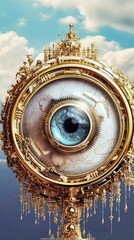 an eye surrounded by gold and diamond rims,