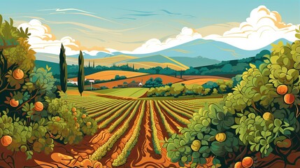 illustration of fields of fruits van gogh style clean vector, Generative ai