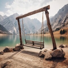 old wooden swing on the shore of the lake and mountains,