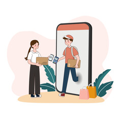 Woman client pay by scan qr code to courier delivering package by post. woman customer receive postal parcel order online from postman. Safe cashless payment, digital system technology concept.