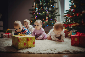 Fototapeta na wymiar Happy group of infant children near a Christmas tree decorated with toys with New Years gifts. AI generated.