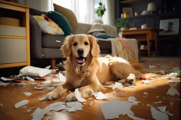 Mischief dog made a mess while being home alone in the living room