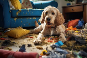 Mischief dog made a mess while being home alone in the living room - obrazy, fototapety, plakaty
