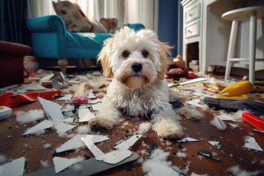 Mischief dog made a mess while being home alone in the living room