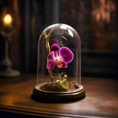 an orchid flower under a glass dome