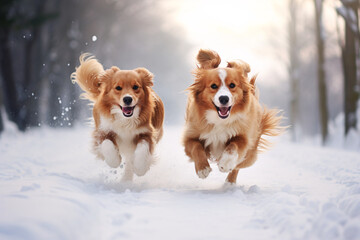 Two cute funny dogs playing in the snow