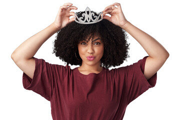 Woman, kiss face and crown, queen and beauty, afro hair and royal isolated on transparent png...