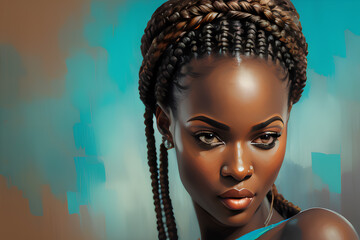 Digital oil painting portrait of a beautiful and young African woman with braided hair.