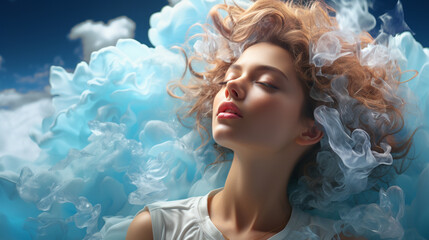 Naklejka premium Woman head with a white clouds.