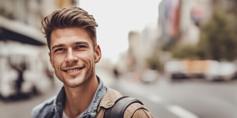 Hundsome American man tourist nice fashion half body eye contact and background empty space for design in USA