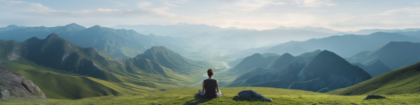 Woman sitting on hilltop, meditating amongst the misty graduating hills, while Sun is setting.