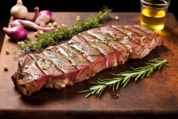 grilled porterhouse steak on a stone slab with herbs
