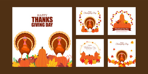 Vector illustration of Happy Thanksgiving social media feed set template