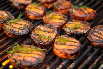 closeup of marinated portobello mushrooms grilling on fire