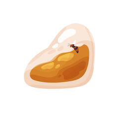 Hard stone with insect inside. Bee, wasp in ancient amber, drop of resin. Translucent rock with crystalline surface, smooth shape. Geology flat isolated vector illustration on white background
