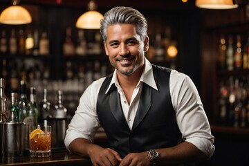 Portrait of handsome bartender in brewhouse 