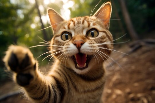 illustration of happy cat is taking selfie photo. Realistic, Generative ai