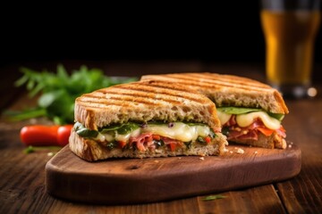 brick pressed grilled sandwich on a wooden board