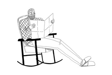 An old man is reading a book sitting in a chair. Studying, resting, reading. Vector illustration in doodle style.