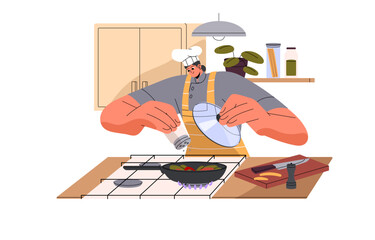 Professional chef cooking food, cook dish, prepare eating. Woman in hat, apron frying vegetable ragout on pan, add salt. Vegetarian culinary. Flat isolated vector illustration on white background