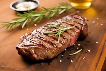 sirloin steak with grill marks and rosemary garnish