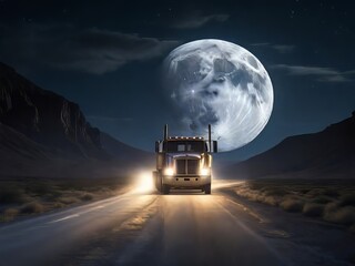 La luna proyecta un resplandor sobre la carretera desierta mientras el camión avanza - obrazy, fototapety, plakaty
