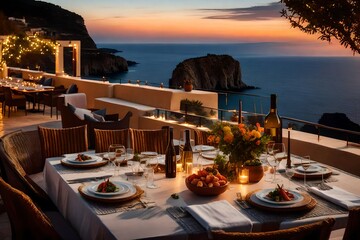 Mediterranean Cliffside Dining - obrazy, fototapety, plakaty