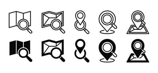 Map search icons set. Searching location, navigation, map pin. Map icon with location pin and magnifying glass icon symbol for apps and websites. Vector illustration