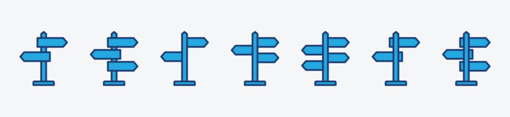 Direction board icon set. Three-way directional arrow sign and symbol. Street signpost, way sign, road direction icon. Vector illustration