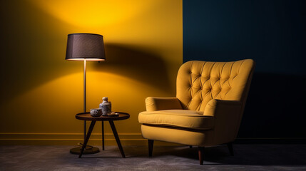 Tufted armchair and coffee table with lamp near yellow wall. generative ai