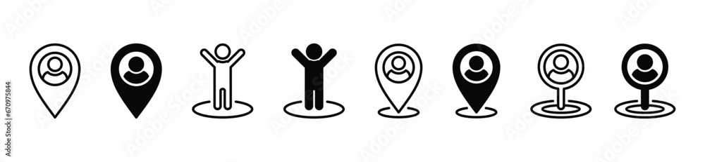 Poster you are here icon set. marker location, pin position marker, map pointer, location pointer icons sym