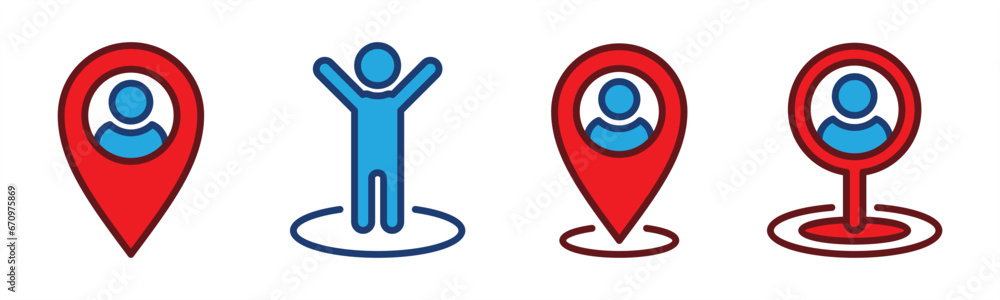 Poster you are here icon set. marker location, pin position marker, map pointer, location pointer icons sym