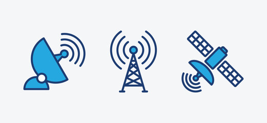 Satellite icon set. Satellite, antenna, wireless, satellite dish, signal transmitter icons symbol on white background. Vector illustration