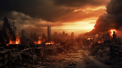 View of destruction city with fires and explosion over dramatic sky background. generative ai