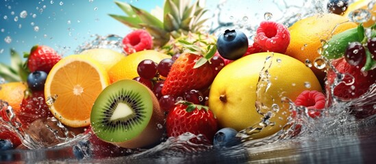 fresh fruits and water splash in the background