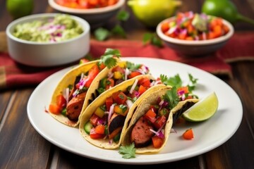 arranged grilled sausage tacos with pickled vegetables on a plate