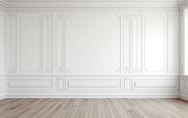 Empty room with white wall. Classic style moldings and wooden floor. Elegant interior background presentation.