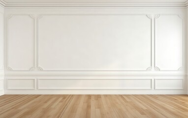 White wall with classic style moldings and wooden floor. Empty room. Minimalist interior background...