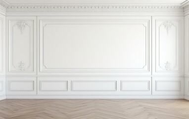 White wall with classic style moldings and wooden floor. Empty room. Minimalist interior background presentation.
