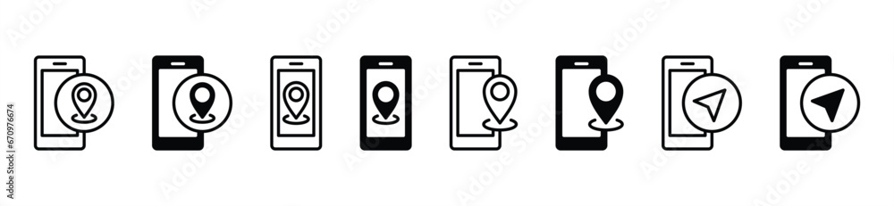 Poster mobile gps icon set. smartphone with gps navigation, map pin, and map marker icon symbol. editable s