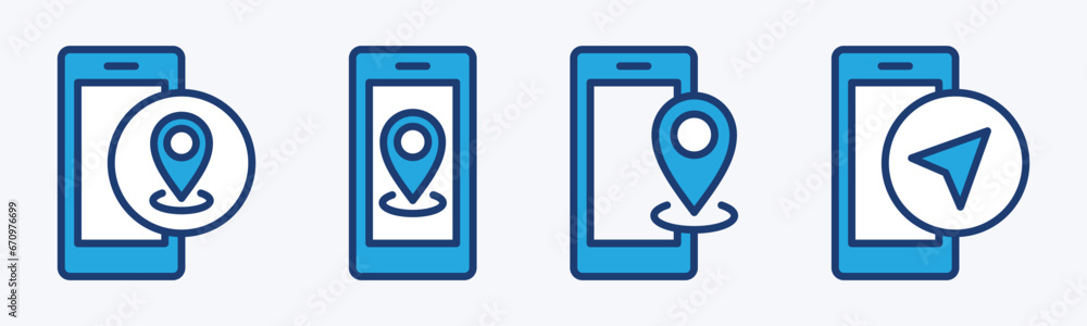 Poster mobile gps icon set. smartphone with gps navigation, map pin, and map marker icon symbol. editable s