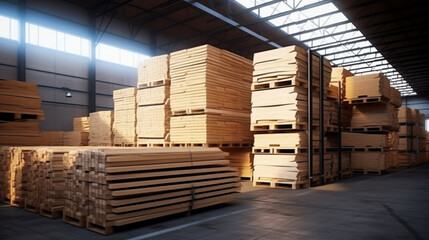 Warehouse with variety of timber for construction and repair. Delivery concept. generative ai
