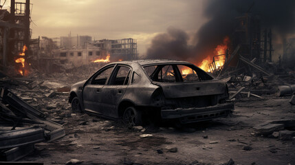 war torn city destroyed car burn out damage building destruction city war ruins city generative ai