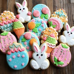 Beautiful glazed Easter cookies on wooden table