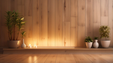 warm light wooden wall living room background with tropical ornament and fireplace. generative ai